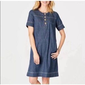 J Jill Celtic Sea 100% Cotton Denim Dress A-Line Blue Short Sleeve Pockets‎ med